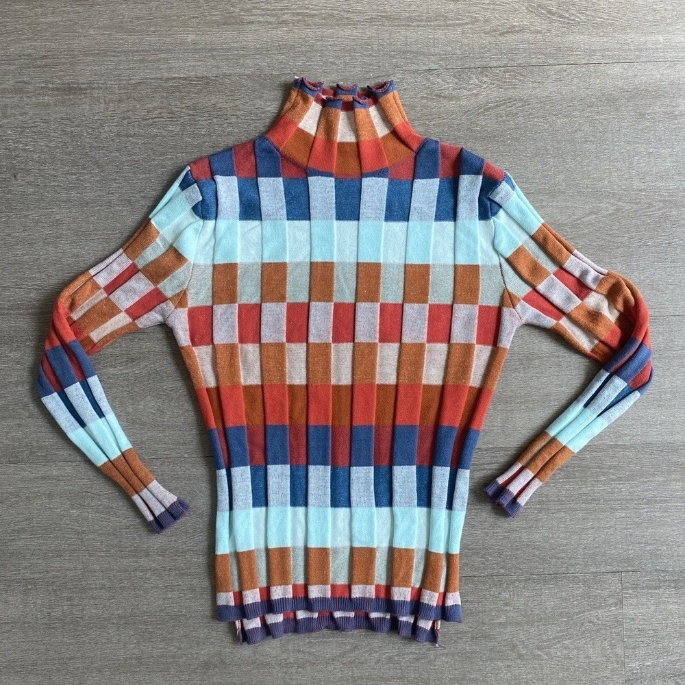 Multicolored Plaid Check Pattern Whimsical Ribbed Knit Turtleneck Vtg M/L 1353